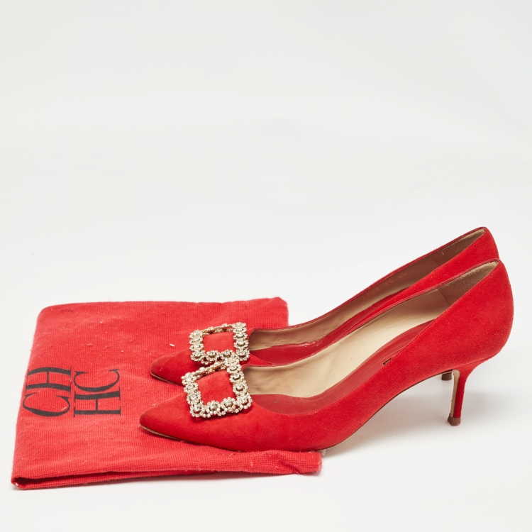 Pre Owned CH Carolina Herrera Red Suede Crystal Embellished Pumps Size 40