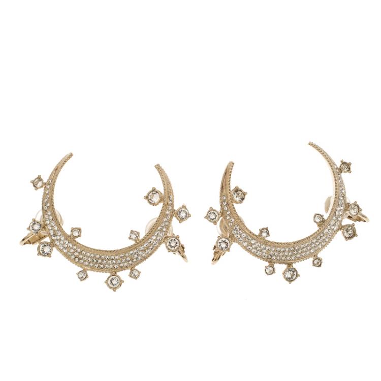 Chanel CC Crystal Gold Tone Moon Clip On Cuff Earrings Chanel