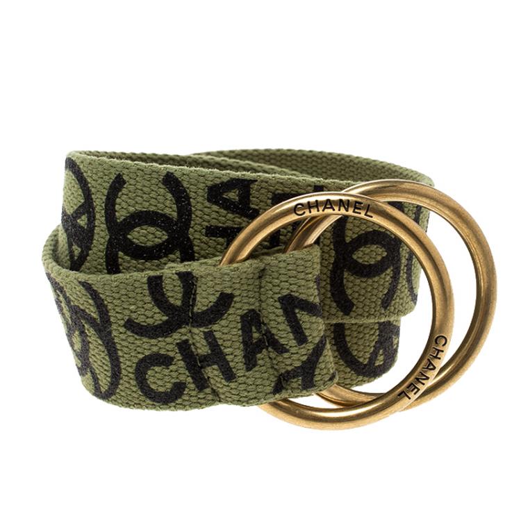 Pre Owned Chanel Green Canvas Symbol Print Belt 75cm