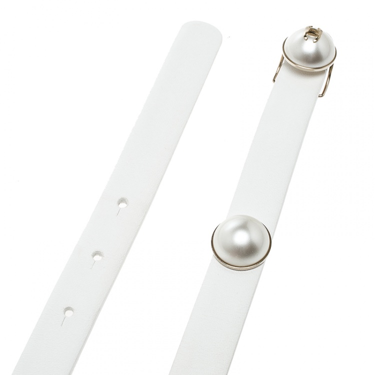 Pre Owned Chanel White Leather Pearl Embellished Belt 75cm