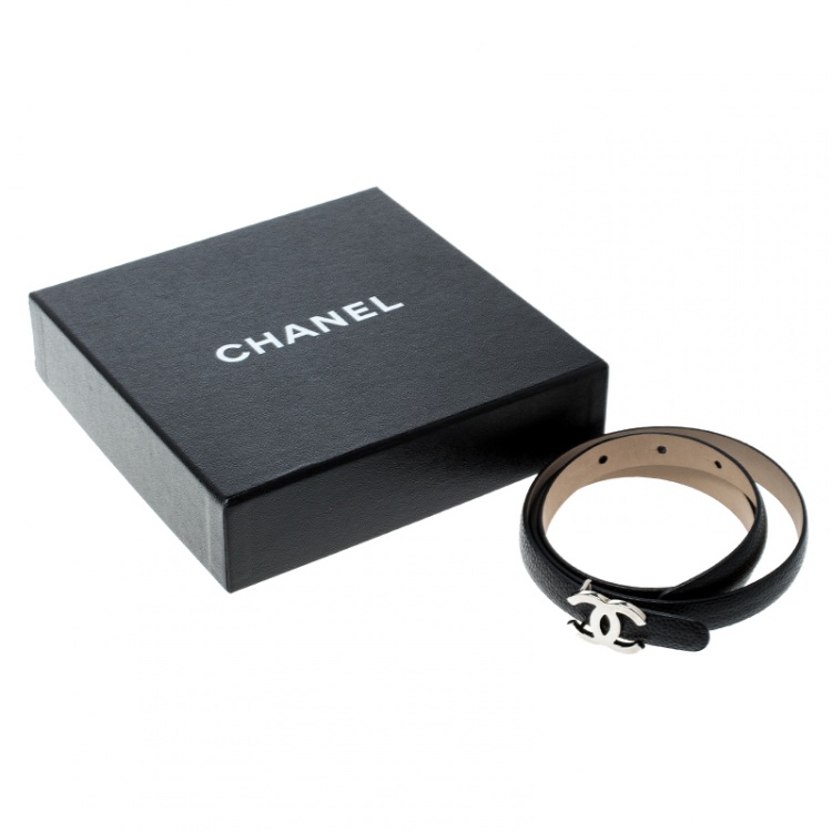 Pre Owned Chanel Black Leather Skinny CC Belt 75cm