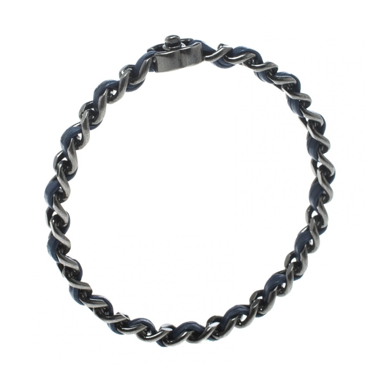 Chanel CC Turnlock Navy Blue Leather Woven Silver Tone Chain Bangle Bracelet  21cm Chanel