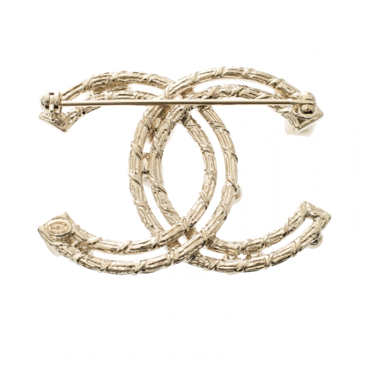 Chanel CC Faux Pearl Crystal Gold Tone Pin Brooch Chanel