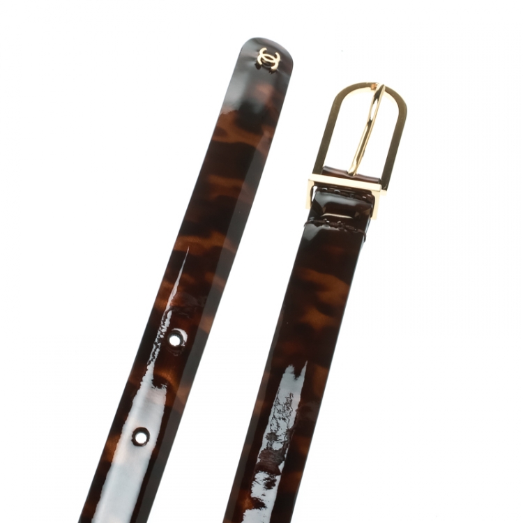 Pre Owned Chanel Brown Leopard Print Patent Leather Skinny CC Belt Size 80 CM