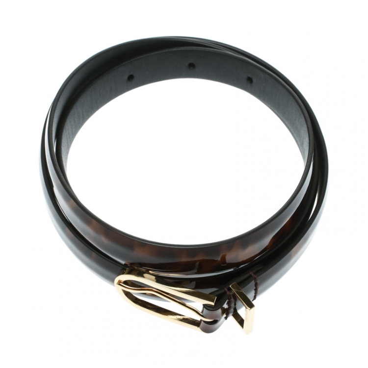 Pre Owned Chanel Brown Leopard Print Patent Leather Skinny CC Belt Size 80 CM