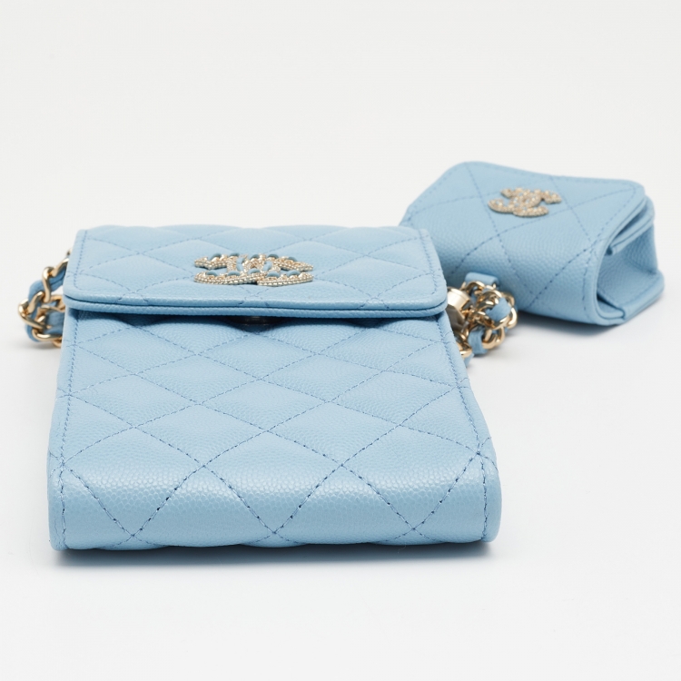 مملوكة مسبقًا Chanel Light Blue Caviar Quilted Leather Crystal CC Flap Chain Phone Case