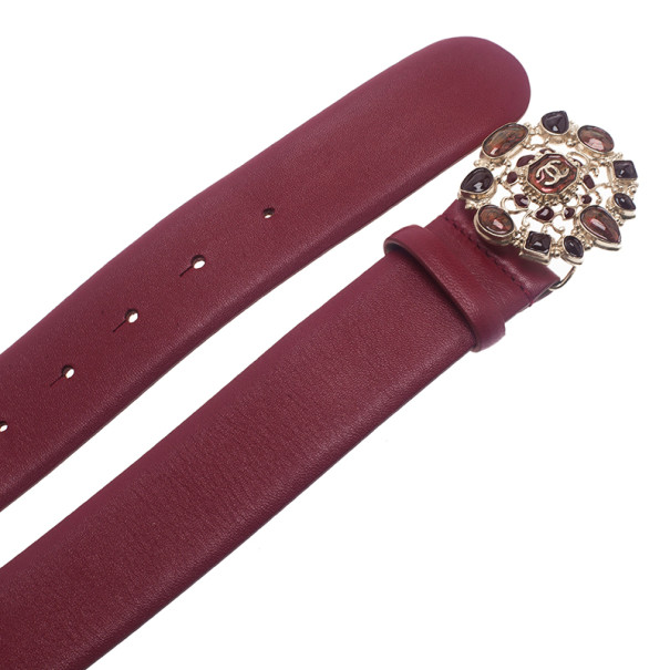 Pre Owned Chanel Red Leather Resin Buckle Belt 85CM