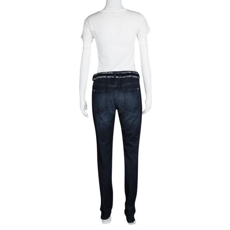 Pre Owned Chanel Indigo Dark Wash Denim Waist Applique Detail Stretch Jeans M