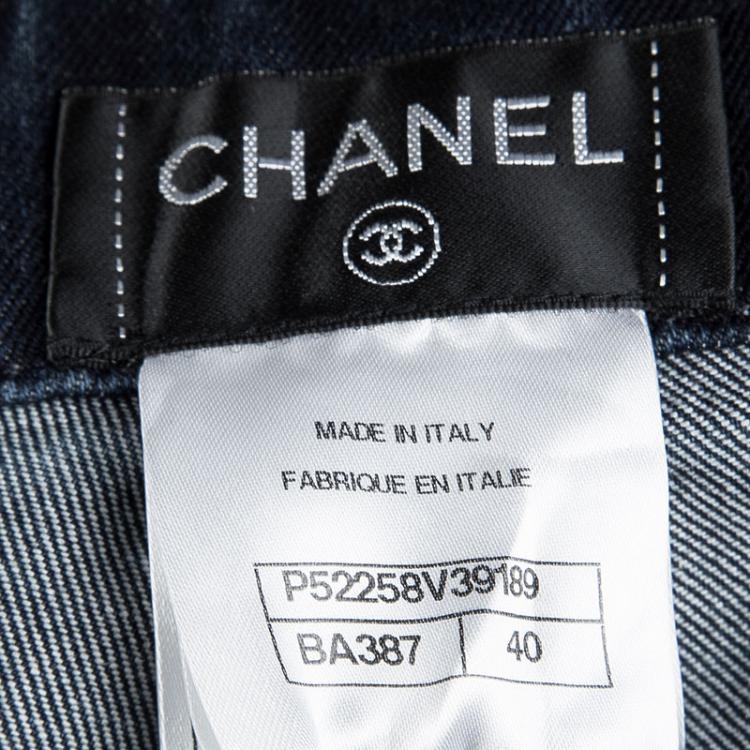 Pre Owned Chanel Indigo Dark Wash Denim Waist Applique Detail Stretch Jeans M