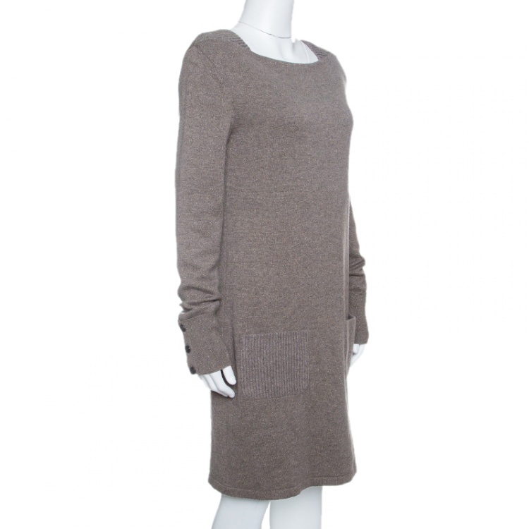 Pre Owned Chanel Brown Lurex Knit Long Sleeve Sweater Dress M