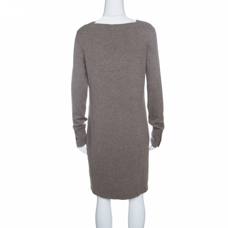 Pre Owned Chanel Brown Lurex Knit Long Sleeve Sweater Dress M
