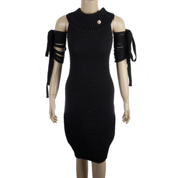 Pre Owned Chanel Black Textured Chevron Wool Dress M