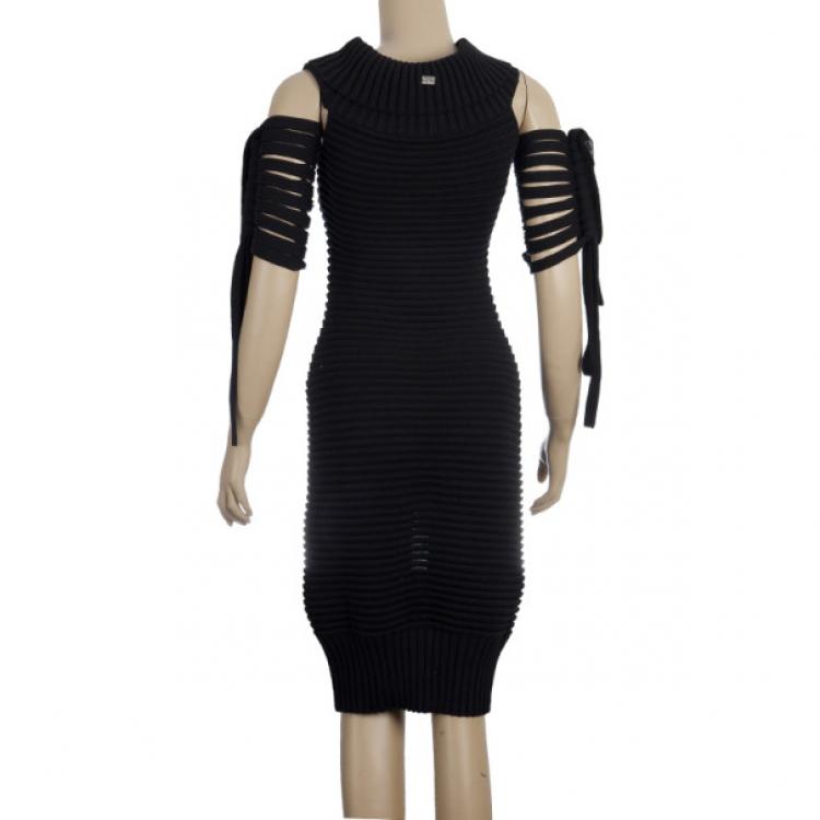 Pre Owned Chanel Black Textured Chevron Wool Dress M