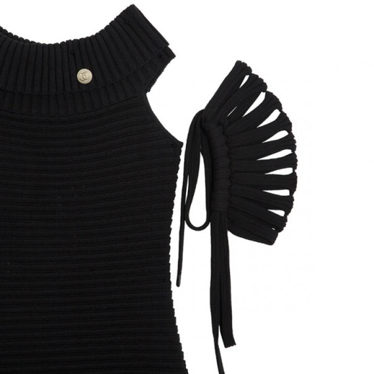 Pre Owned Chanel Black Textured Chevron Wool Dress M