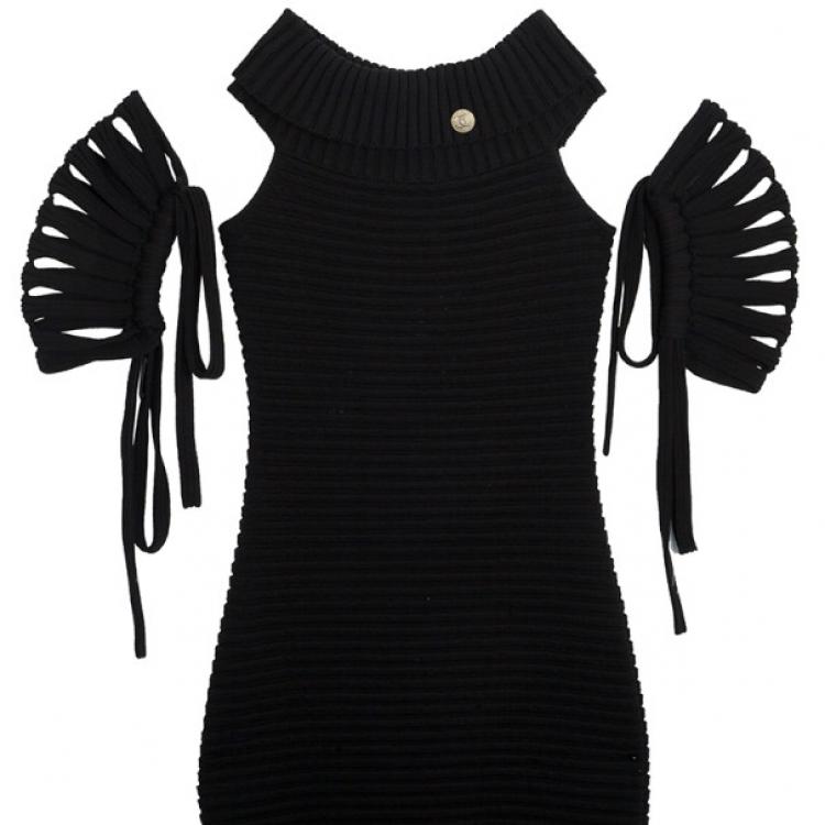 Pre Owned Chanel Black Textured Chevron Wool Dress M