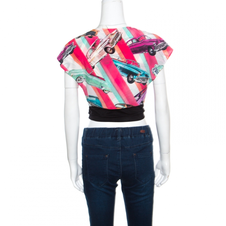 مملوكة مسبقًا Chanel Multicolor Car Printed Silk Tie Front Cropped Top S