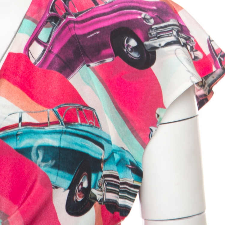 مملوكة مسبقًا Chanel Multicolor Car Printed Silk Tie Front Cropped Top S