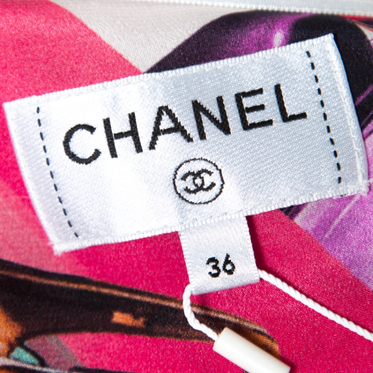 مملوكة مسبقًا Chanel Multicolor Car Printed Silk Tie Front Cropped Top S