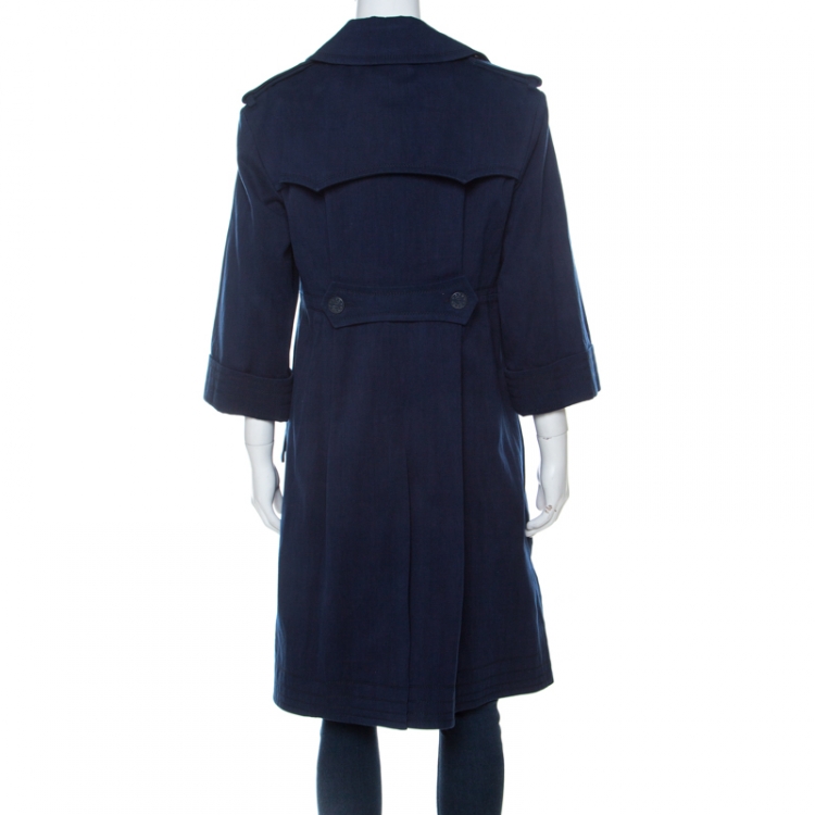 Pre Owned Chanel Indigo Blue Cotton Double Breasted Trench Coat L