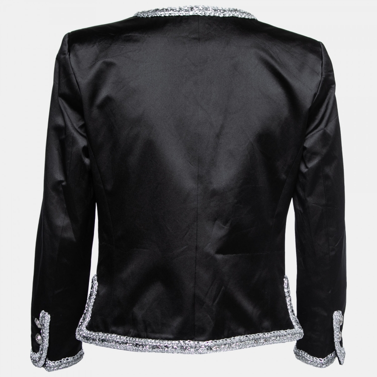 Pre Owned Chanel Black Silk Contrast Trimmed Long Sleeve Jacket M
