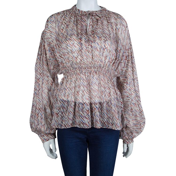 Chanel Multicolor Printed Smocked Waist Long Sleeve Silk Blouse M Chanel