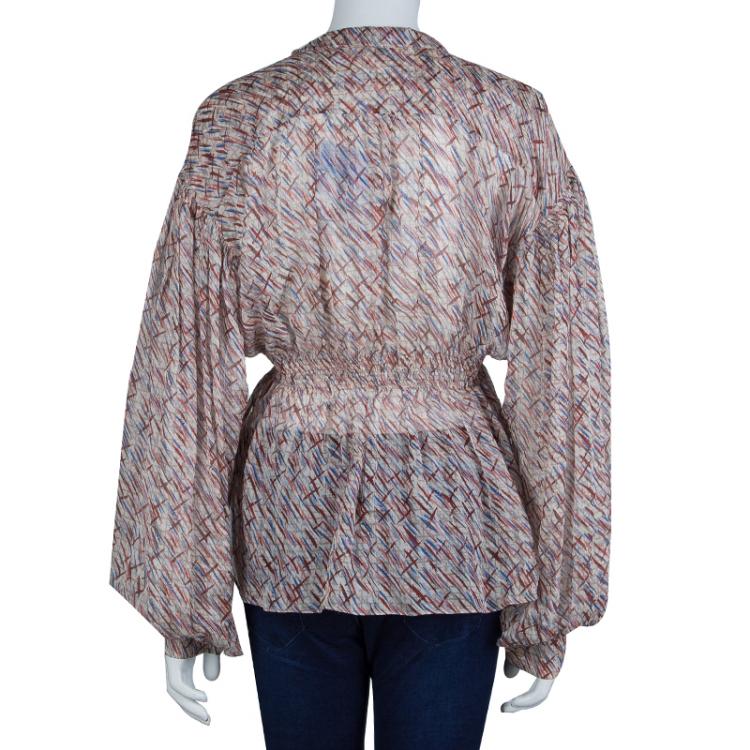 Pre Owned Chanel Multicolor Printed Smocked Waist Long Sleeve Silk Blouse M