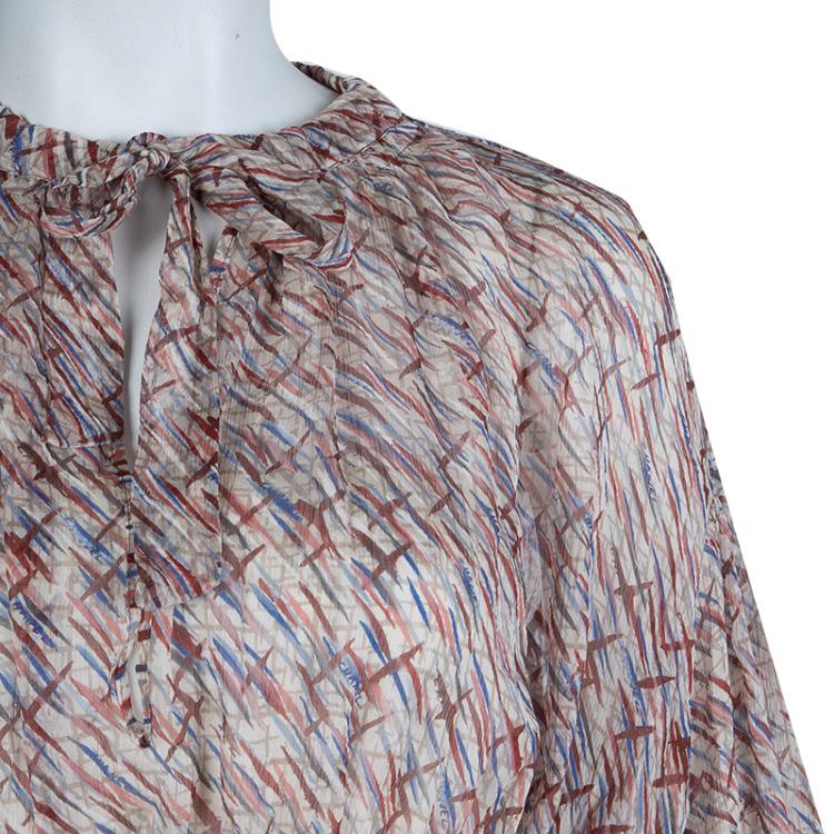 Pre Owned Chanel Multicolor Printed Smocked Waist Long Sleeve Silk Blouse M