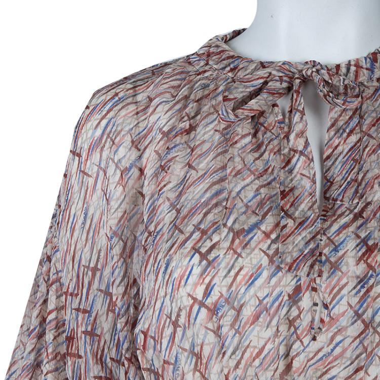 Pre Owned Chanel Multicolor Printed Smocked Waist Long Sleeve Silk Blouse M