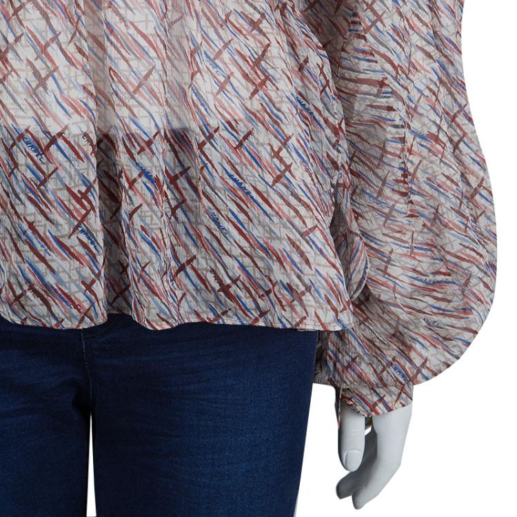 Pre Owned Chanel Multicolor Printed Smocked Waist Long Sleeve Silk Blouse M