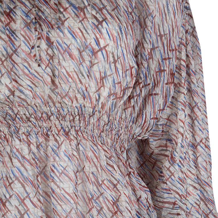 Pre Owned Chanel Multicolor Printed Smocked Waist Long Sleeve Silk Blouse M