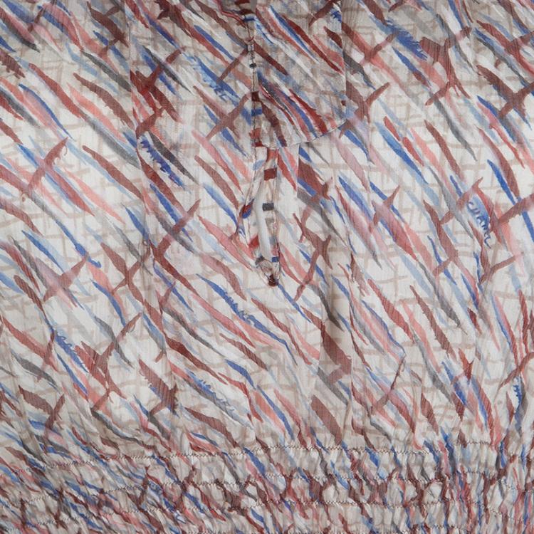 Pre Owned Chanel Multicolor Printed Smocked Waist Long Sleeve Silk Blouse M