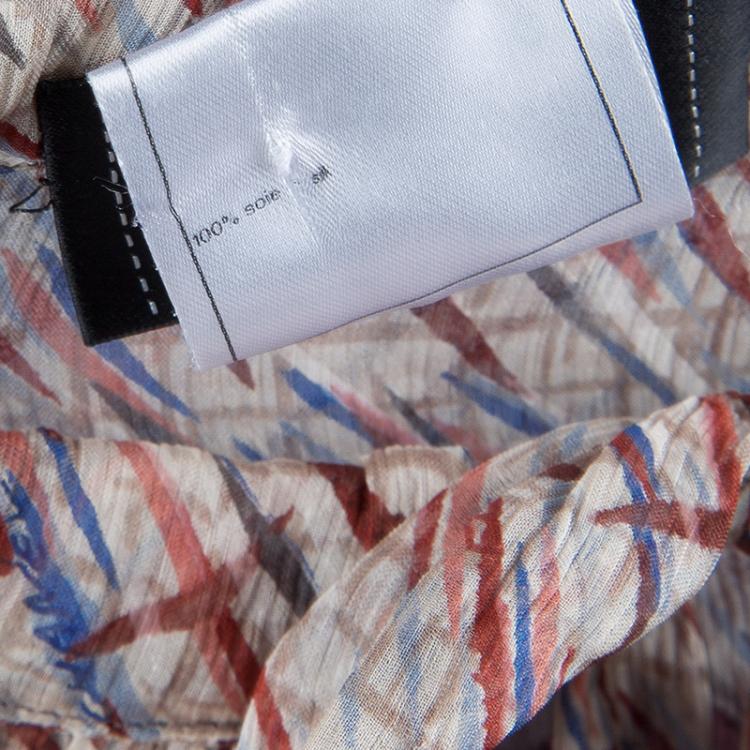 Pre Owned Chanel Multicolor Printed Smocked Waist Long Sleeve Silk Blouse M