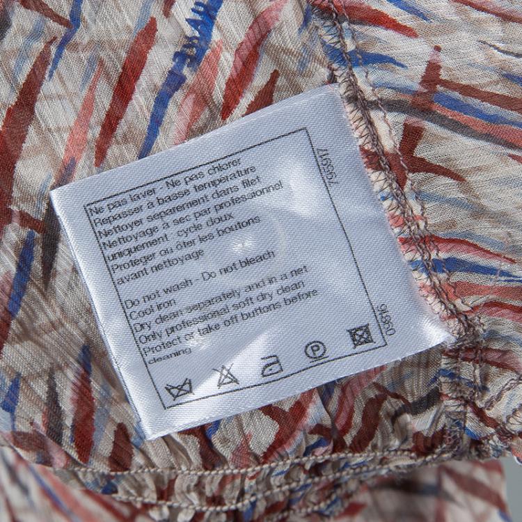 Pre Owned Chanel Multicolor Printed Smocked Waist Long Sleeve Silk Blouse M