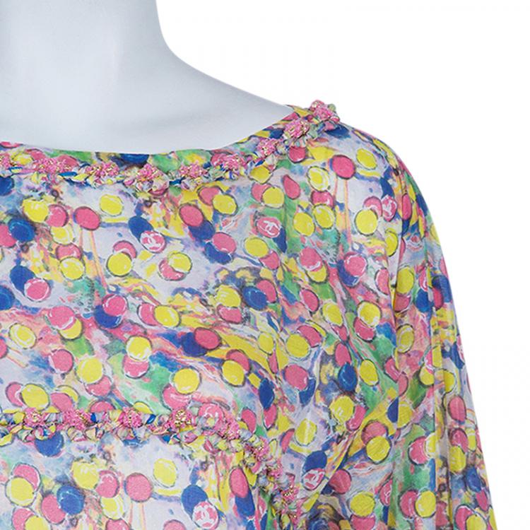 Pre Owned Chanel Multicolor Polka Dot Long Sleeve Dress L