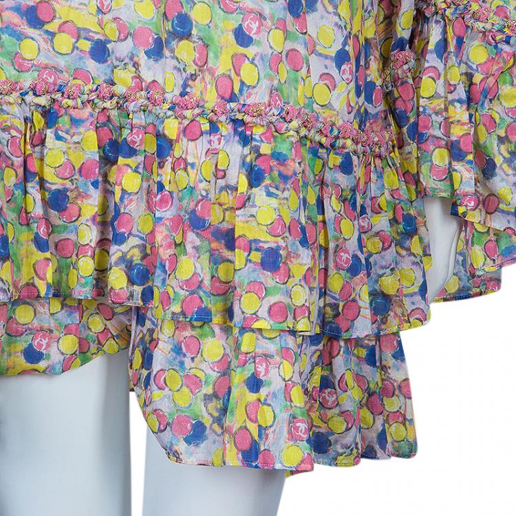 Pre Owned Chanel Multicolor Polka Dot Long Sleeve Dress L