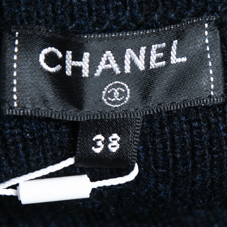 Pre Owned Chanel Navy Blue Cashmere Button Detail Mini Sweater Dress M