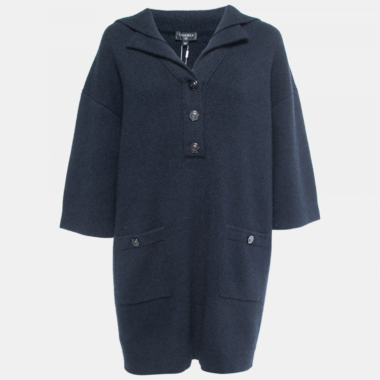 Pre Owned Chanel Navy Blue Cashmere Button Detail Mini Sweater Dress M