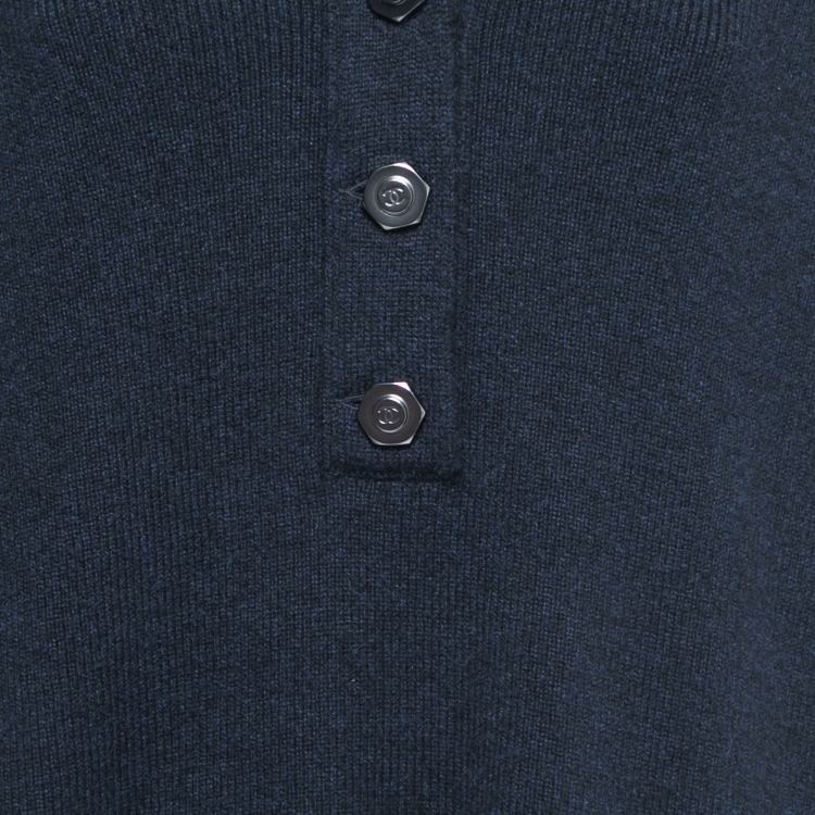 Pre Owned Chanel Navy Blue Cashmere Button Detail Mini Sweater Dress M