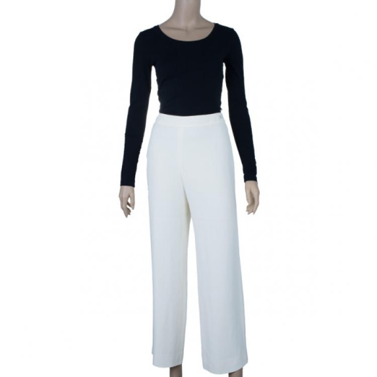Pre Owned Chanel White Silk Wide-leg Trousers M