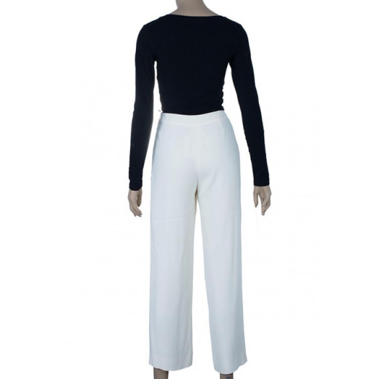 Pre Owned Chanel White Silk Wide-leg Trousers M
