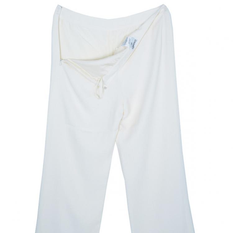 Pre Owned Chanel White Silk Wide-leg Trousers M