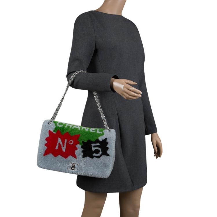 Pre Owned Chanel Multicolor Fur and Leather Maxi No. 5 Comic Shearling Classic Flap Shoulder Bag