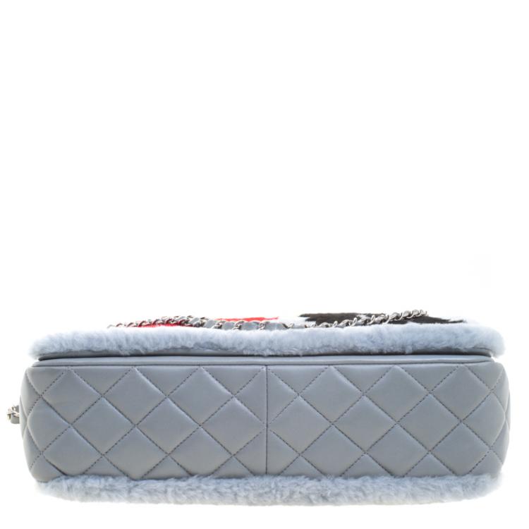 Pre Owned Chanel Multicolor Fur and Leather Maxi No. 5 Comic Shearling Classic Flap Shoulder Bag
