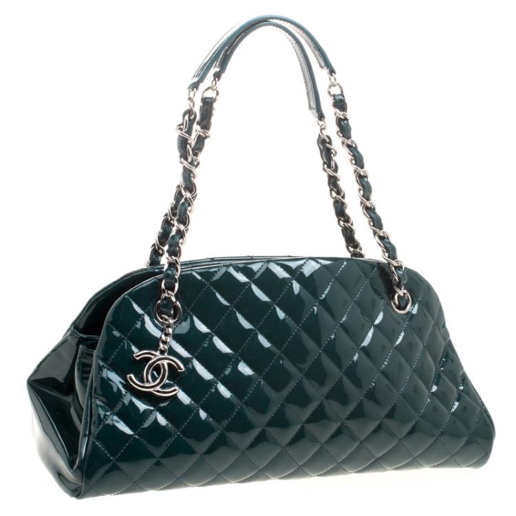 Pre Owned Chanel Green Quilted Patent Leather Medium Just Mademoiselle Bowling Bag