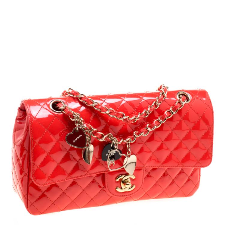 Pre Owned Chanel Neon Red Quilted Patent Leather Medium Limited Edition Valentine Classic Single Flap Bag
