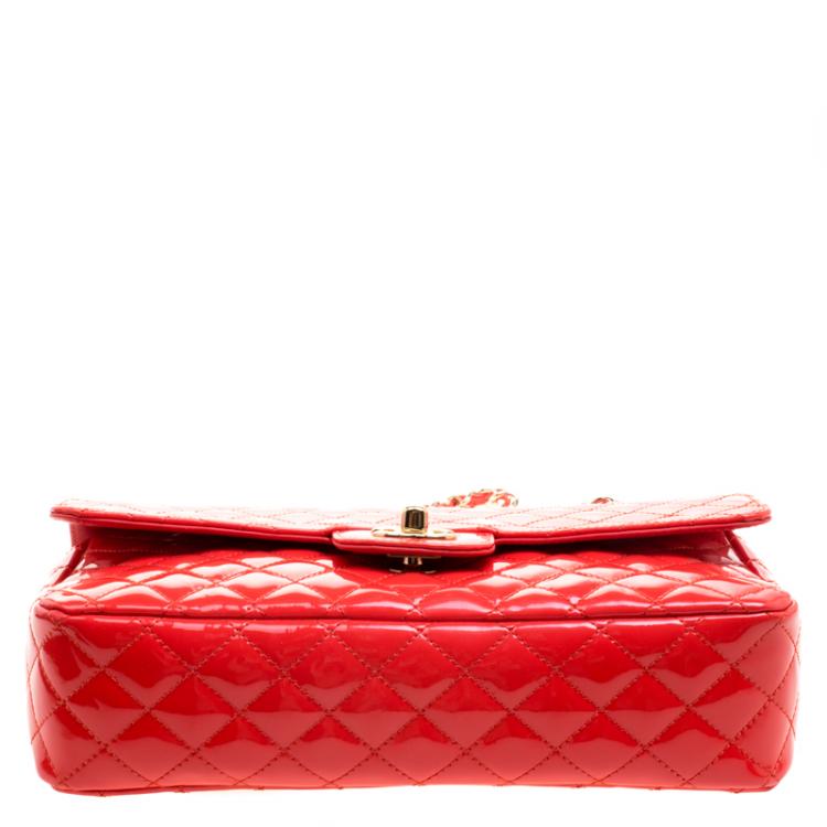 Pre Owned Chanel Neon Red Quilted Patent Leather Medium Limited Edition Valentine Classic Single Flap Bag
