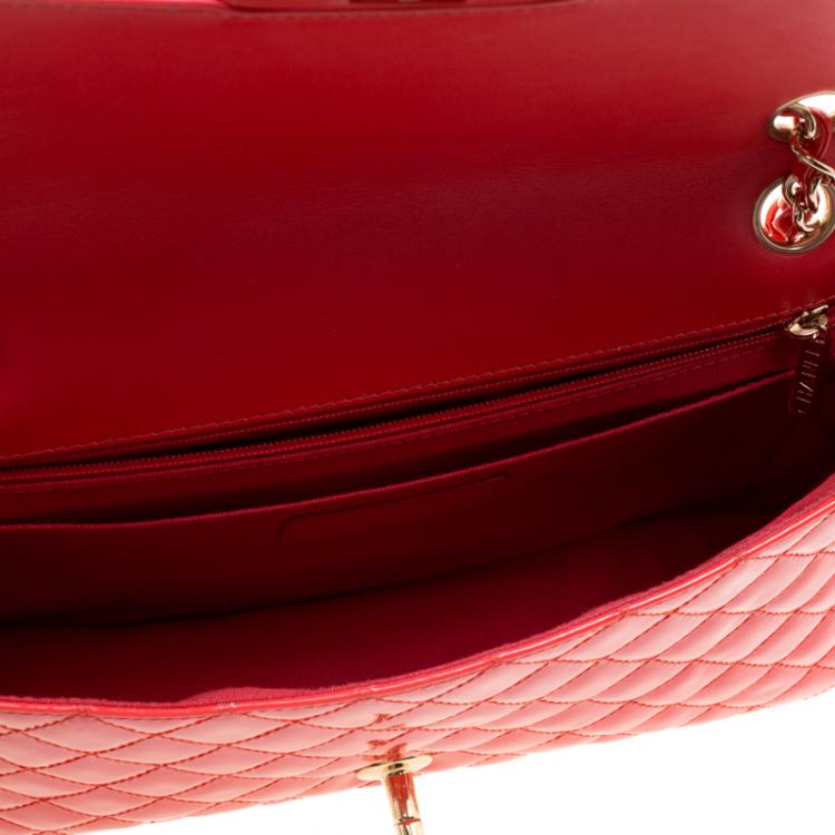 Pre Owned Chanel Neon Red Quilted Patent Leather Medium Limited Edition Valentine Classic Single Flap Bag