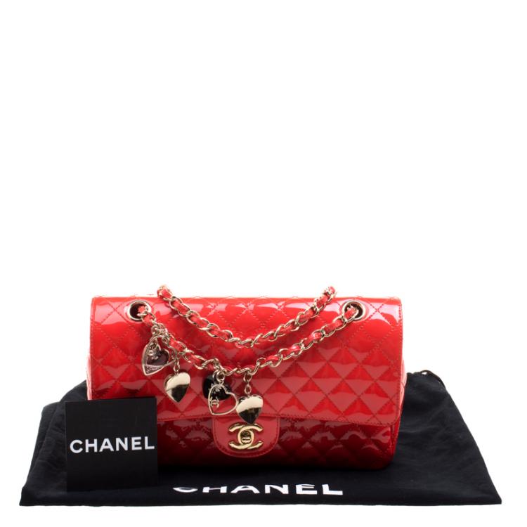 Pre Owned Chanel Neon Red Quilted Patent Leather Medium Limited Edition Valentine Classic Single Flap Bag