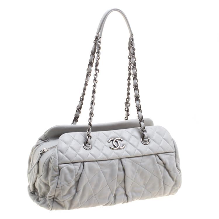 Pre Owned Chanel Grey Quilted Iridescent Leather Chic Quilt Bowling Bag