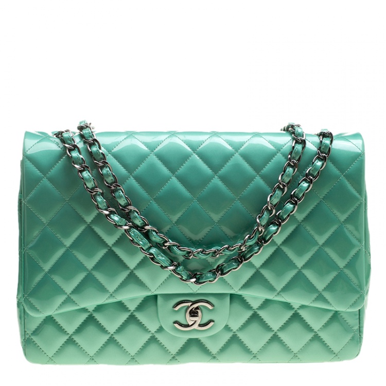 Chanel Mint Green Quilted Patent Leather Maxi Classic Double Flap Bag Chanel